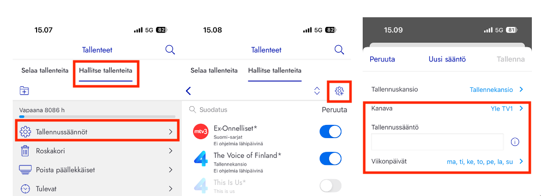Kuva kertoo mistä tallenteiden tallennuspäivää voi muuttaa